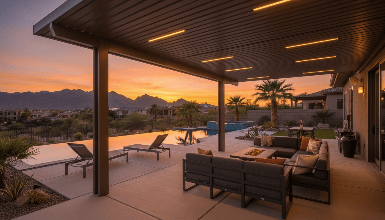 Custom Alumawood patio cover installation in Las Vegas backyard with mountain views